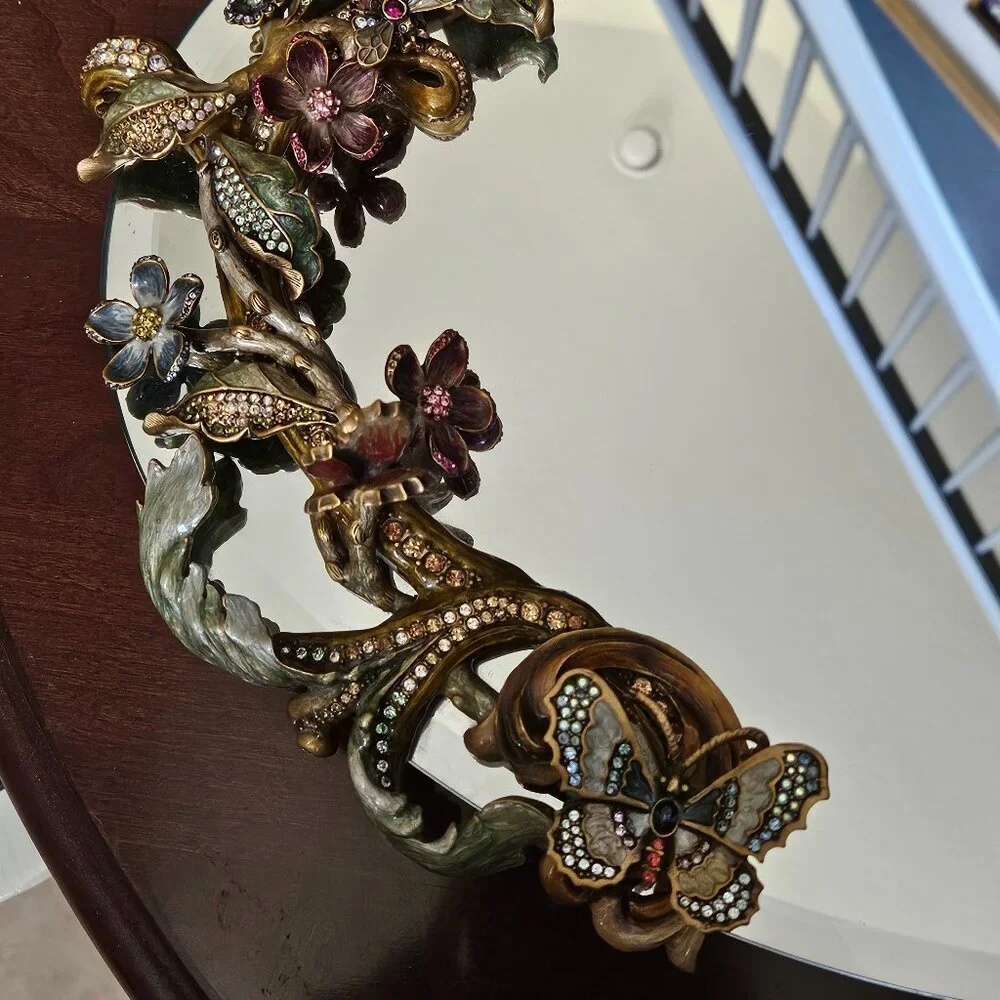 RARE JAY STRONGWATER FLORA & FAUNA CRYSTAL ENAMEL MIRROR VANITY BATH TRAY OBJET